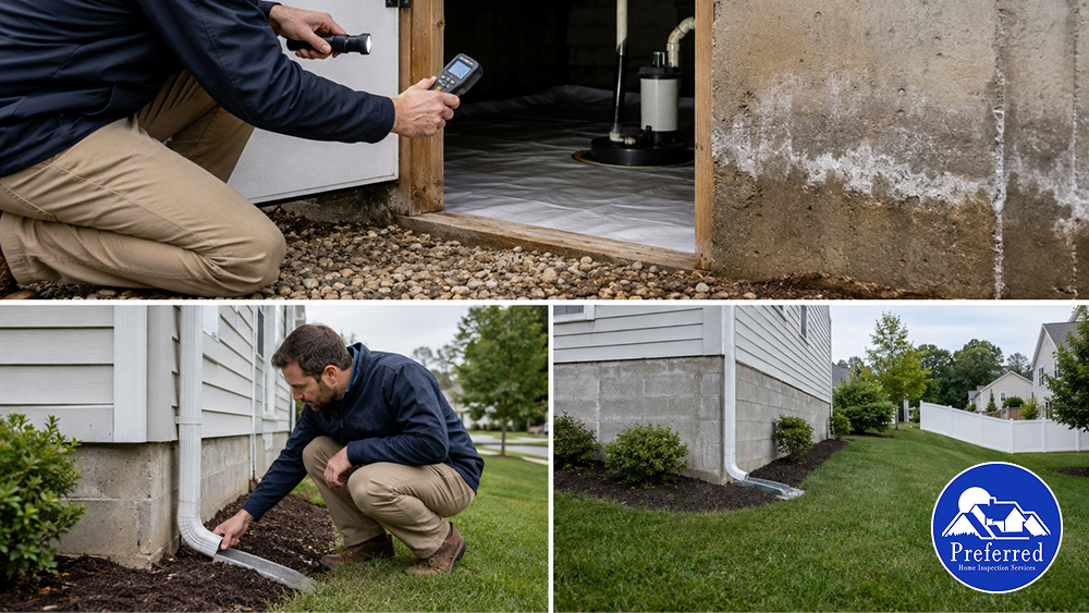 Technician inspecting crawl space moisture, drainage, and foundation conditions around a home.