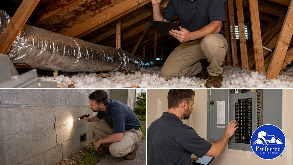 Home inspector checking attic moisture, foundation cracks, and an electrical panel.
