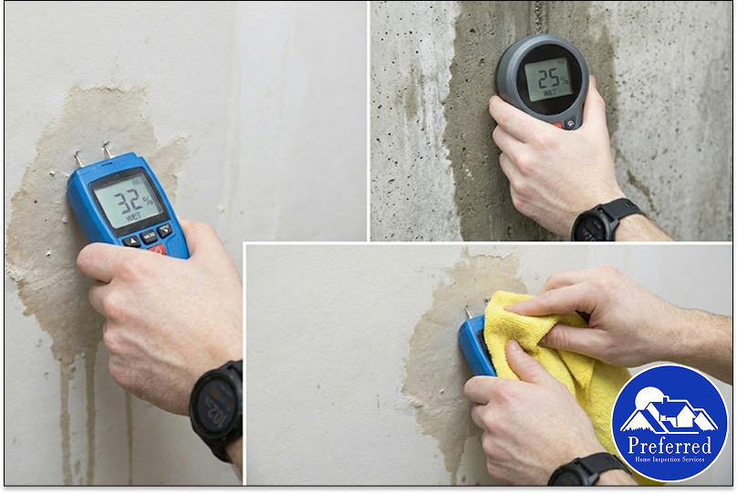 A close-up showing how to use a moisture meter. A hand holding a digital moisture meter against a wall, displaying a reading of 12.5%.