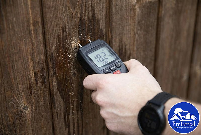 Person using a moisture meter to measure the moisture content (18.2%) in a wooden surface, demonstrating how to properly use the device for detecting moisture in wood.