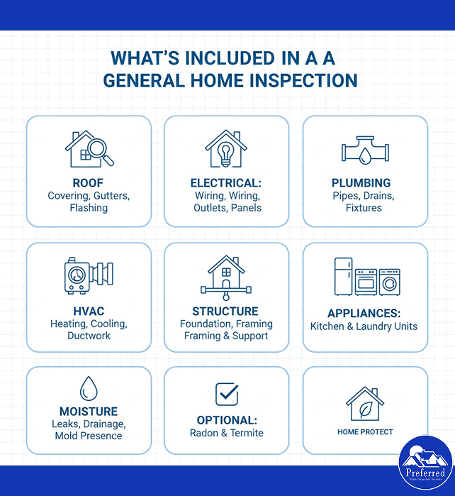 Infographic showing components included in a general home inspection, such as roof, electrical, plumbing, HVAC, structure, appliances, moisture, and optional checks for radon and termites.