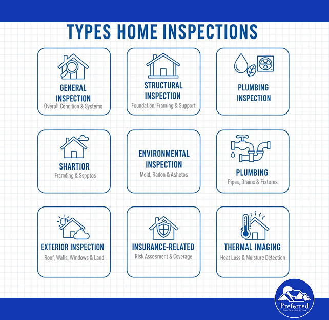 Infographic listing types of home inspections, including general, structural, plumbing, environmental, exterior, insurance-related, and thermal imaging.