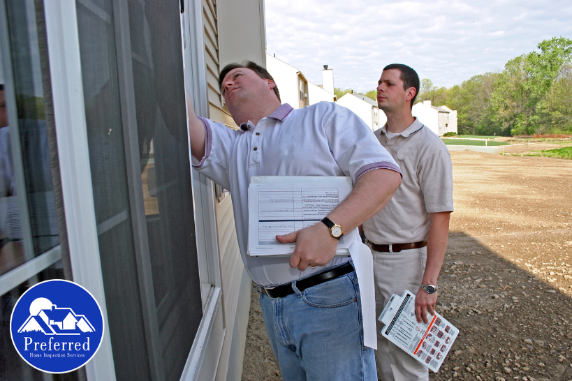 Home inspector examining an exterior window while holding inspection paperwork, with a client standing nearby during a residential property inspection.