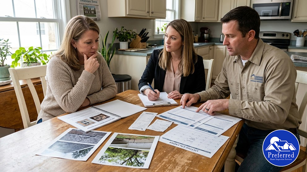 Homeowner reviewing property inspection photos, reports, and repair estimates with two contractors at a kitchen table.