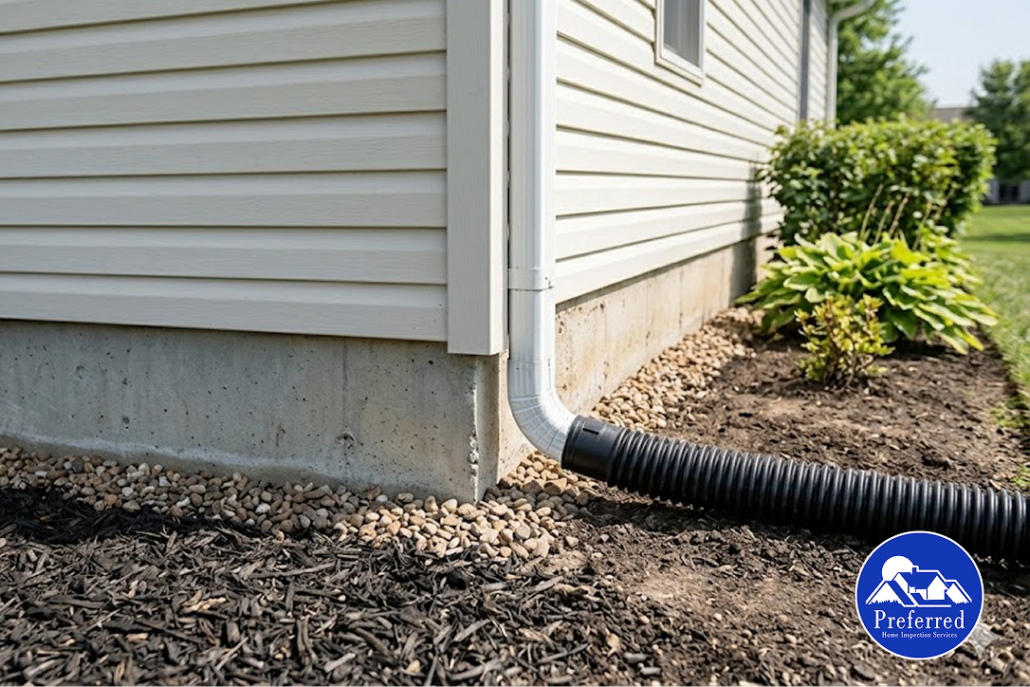 house foundation with downspout extension directing water away from exterior wall to prevent drainage issues