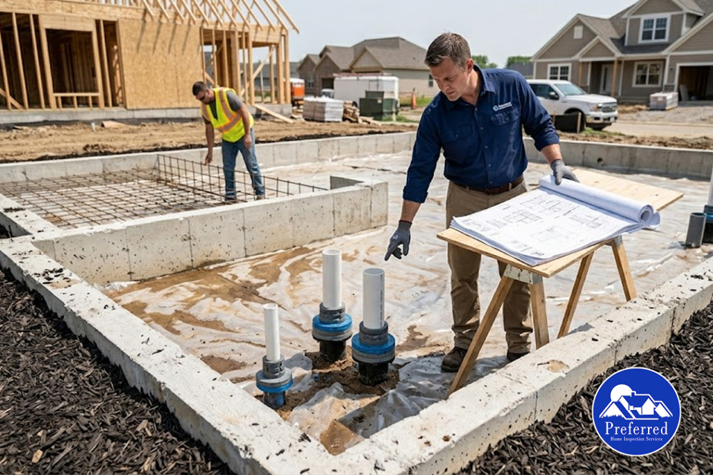 contractor reviewing plans during foundation construction with plumbing and drainage pipes installed in residential home build