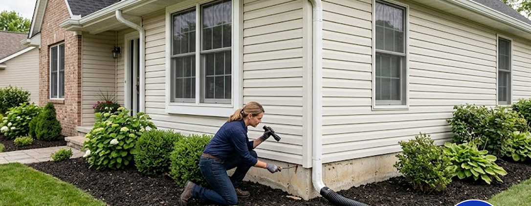 homeowner inspecting house foundation and downspout drainage system to prevent water damage and improve exterior drainage