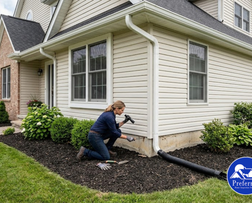 homeowner inspecting house foundation and downspout drainage system to prevent water damage and improve exterior drainage