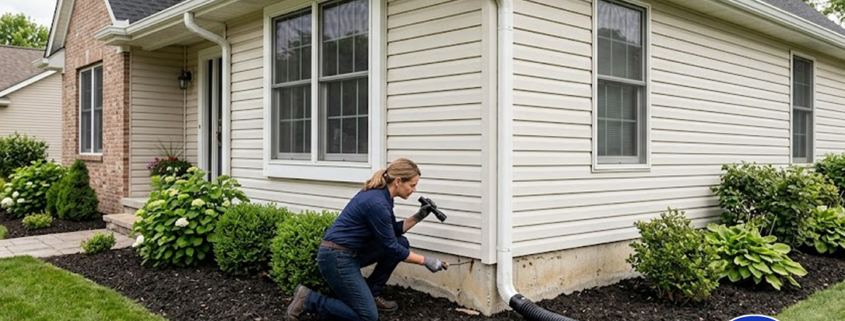 homeowner inspecting house foundation and downspout drainage system to prevent water damage and improve exterior drainage