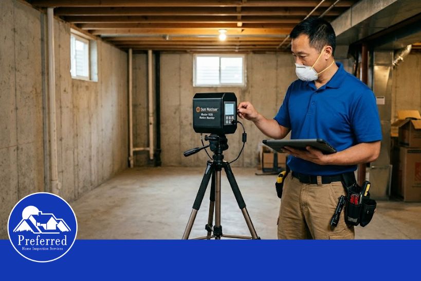Home inspector performing radon testing in a basement using a radon monitor and tablet during a professional home inspection