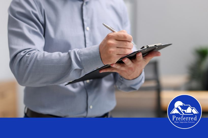 Home inspector writing notes on a clipboard during a professional property inspection with Preferred Home Inspection Services branding