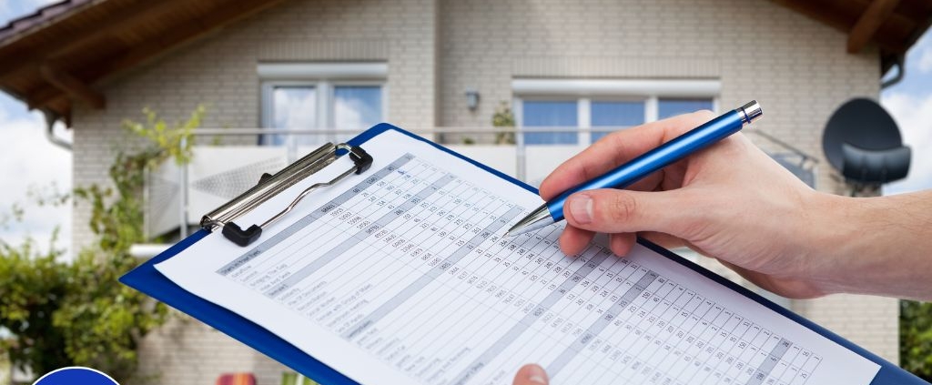 Home inspector filling out a detailed inspection checklist on a clipboard outside a residential property for a professional home inspection