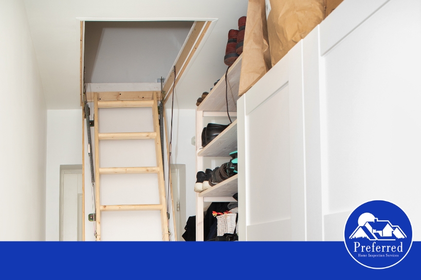 Pull-down attic access ladder inside a closet with storage shelves, inspected during a professional residential home inspection service