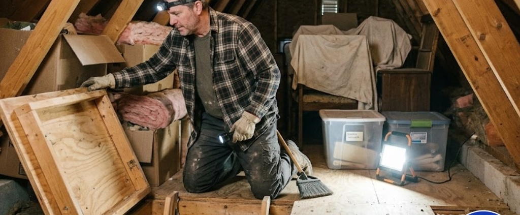 Home inspector examining attic access, insulation, wood framing, and stored items with a headlamp during a professional residential inspection