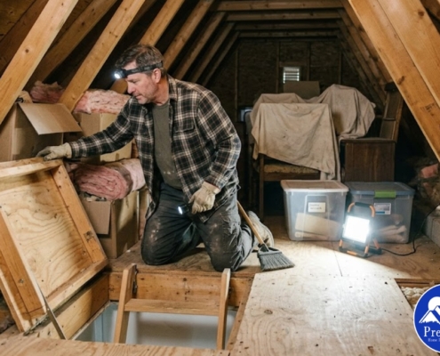 Home inspector examining attic access, insulation, wood framing, and stored items with a headlamp during a professional residential inspection