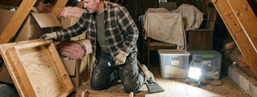 Home inspector examining attic access, insulation, wood framing, and stored items with a headlamp during a professional residential inspection