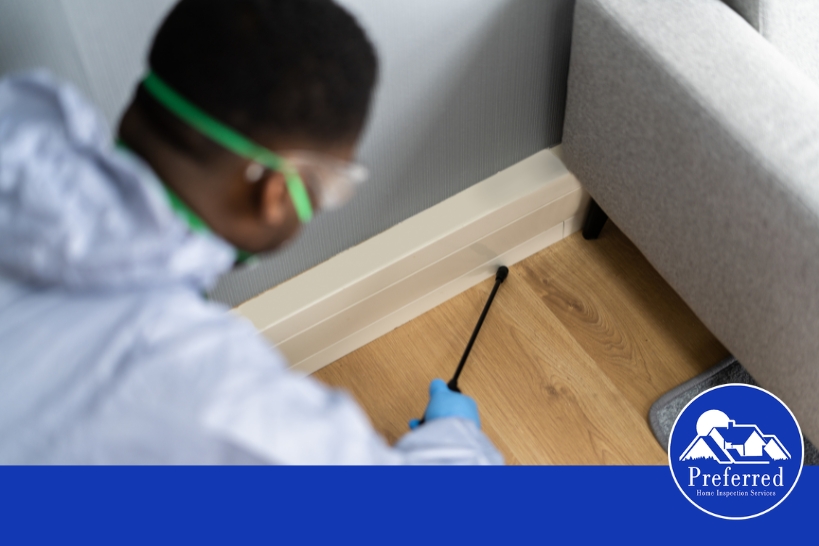 Pest inspector applying treatment along an interior baseboard beside a sofa during a professional home pest inspection and control service