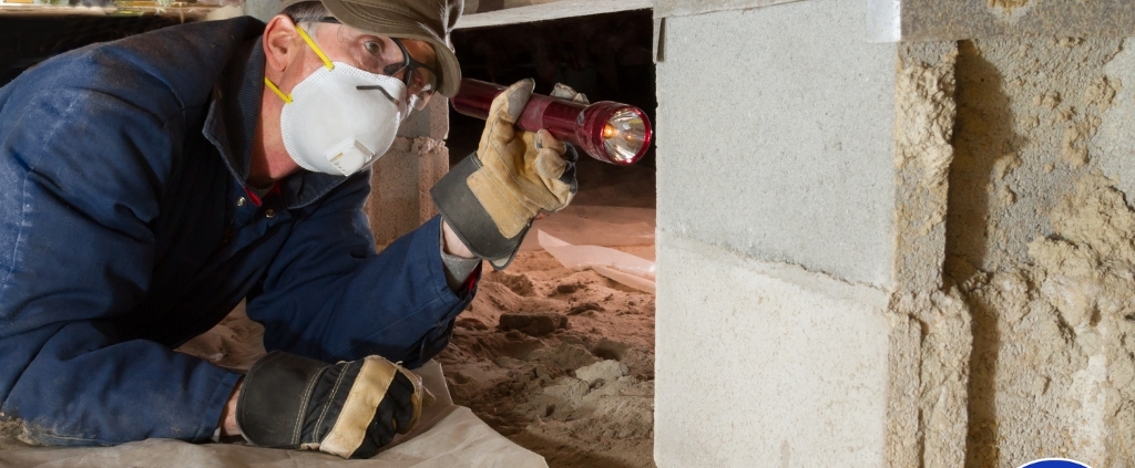 Home inspector checking crawl space foundation supports with a flashlight during a termite inspection for wood damage and pest activity