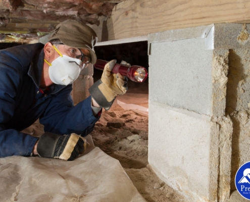 Home inspector checking crawl space foundation supports with a flashlight during a termite inspection for wood damage and pest activity