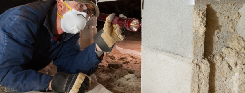 Home inspector checking crawl space foundation supports with a flashlight during a termite inspection for wood damage and pest activity