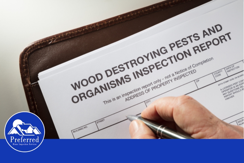 Wood destroying organisms inspection report being completed on a clipboard during termite and pest inspection documentation